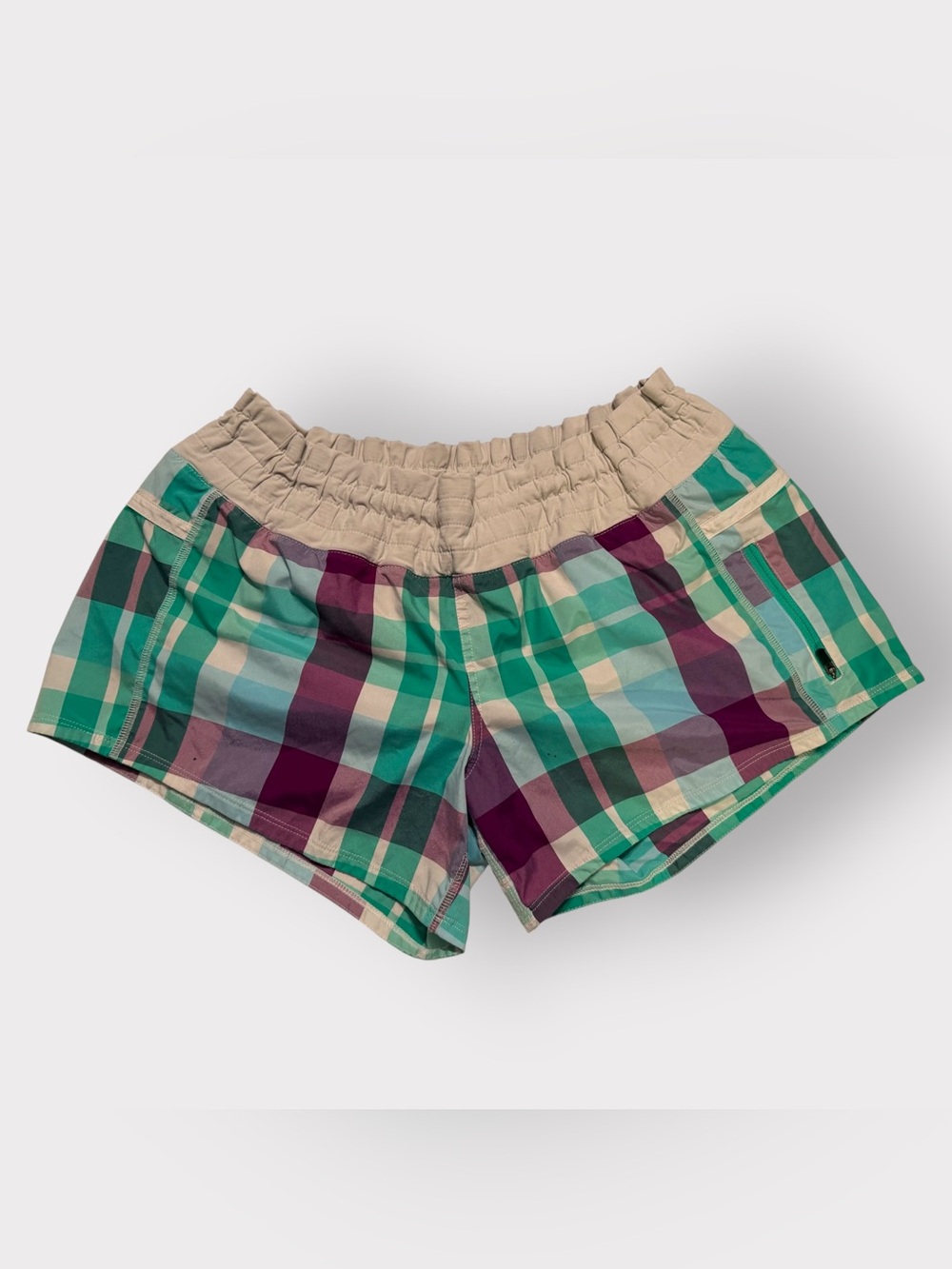 ⁠Lululemon Womens Size 10 Green Purple Plaid Tracker Shorts Running Athletic
